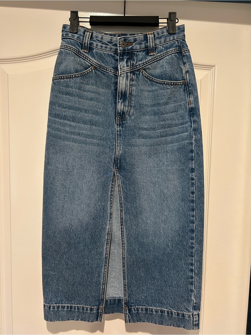 Bardot Blue Denim Midi Skirt with Center Front Slit